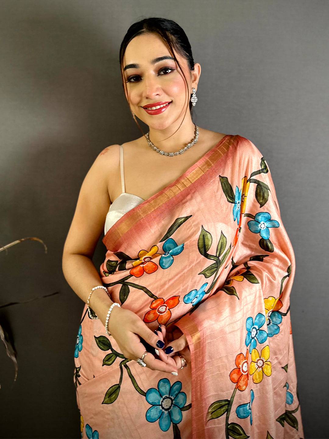Celebrity Tussar Ghicha Kalamkari Print Saree