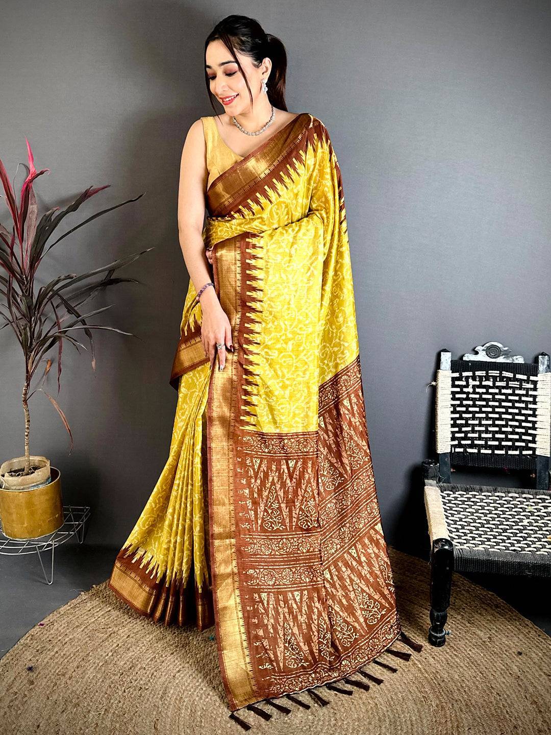 Yellow Pearl Ikkat Dola Silk Saree