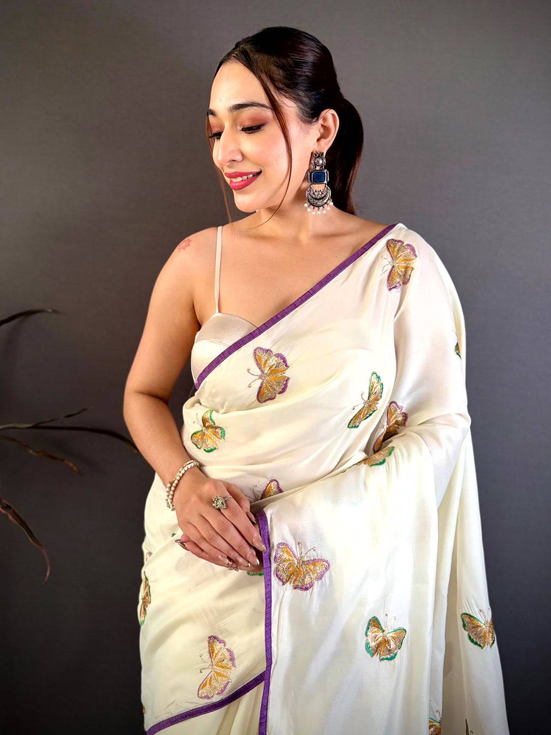 Poly Silk Butterfly Embroidered Work Saree