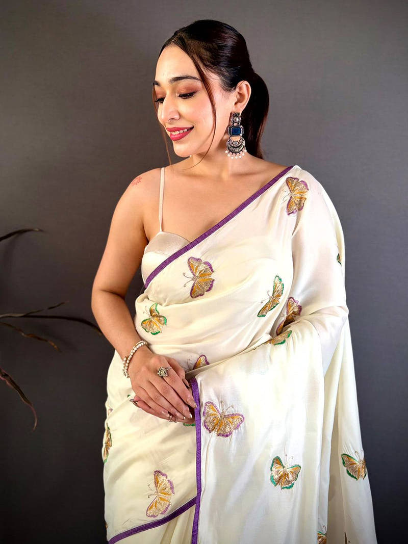 Poly Silk Butterfly Embroidered Work Saree