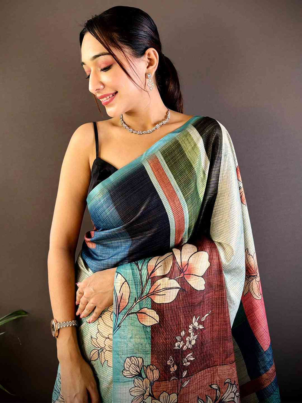 Multi Tussar Zari Floral Saree