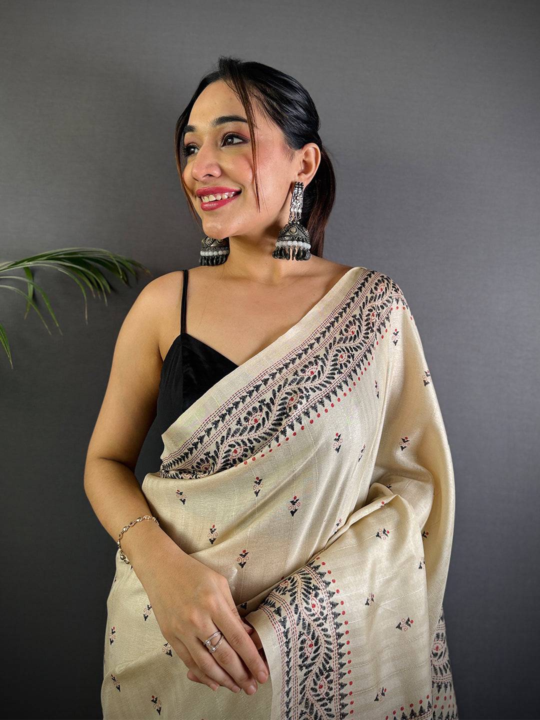 Cream Tussar Silk Madhubani Print Saree

