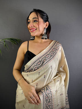 Cream Tussar Silk Madhubani Print Saree

