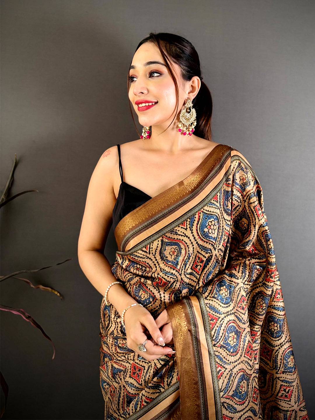 Royal Block Ajrakh Print Soft Tussar Saree