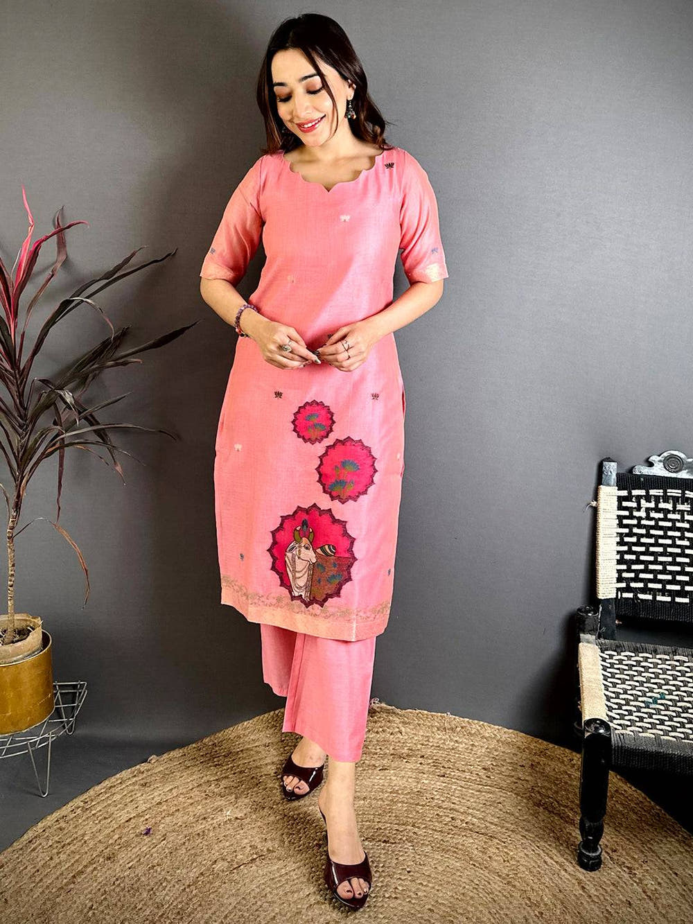 Coral Pink Floral Weave Dress
