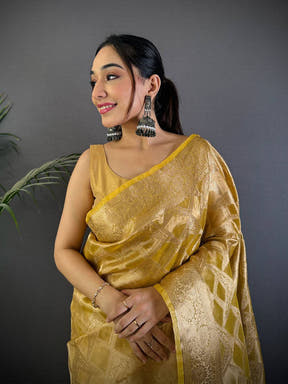 Yellow Tissue Jarokha Zari Weaving Saree