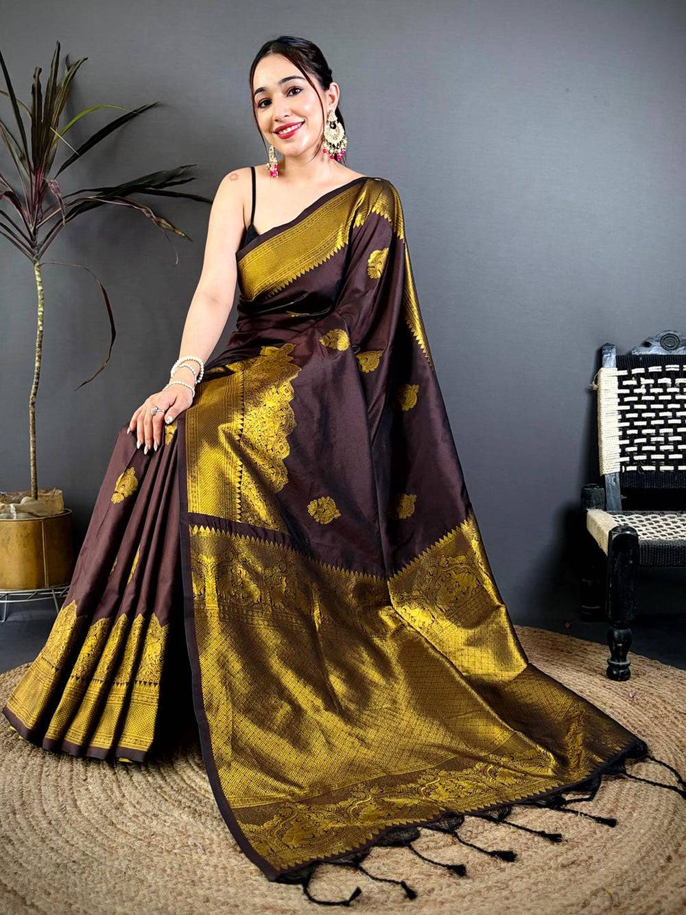 Chocolate Brown Soft Silk Ethnic Motif Saree