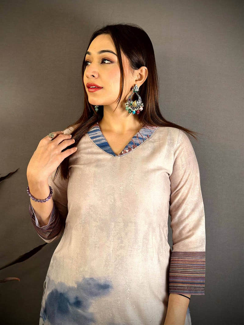 Beige Mul Cotton Art Print Kurti with Temple Lake Scene Hem