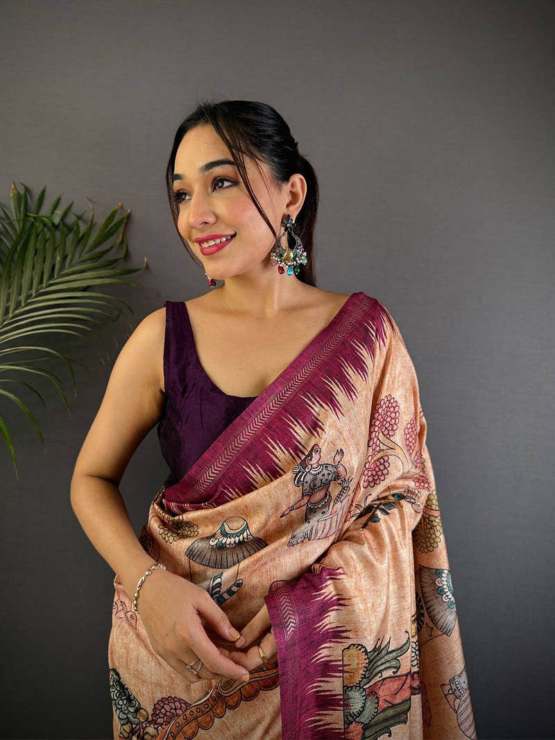 Light Peach Tussar Silk Kalamkari Printed Saree