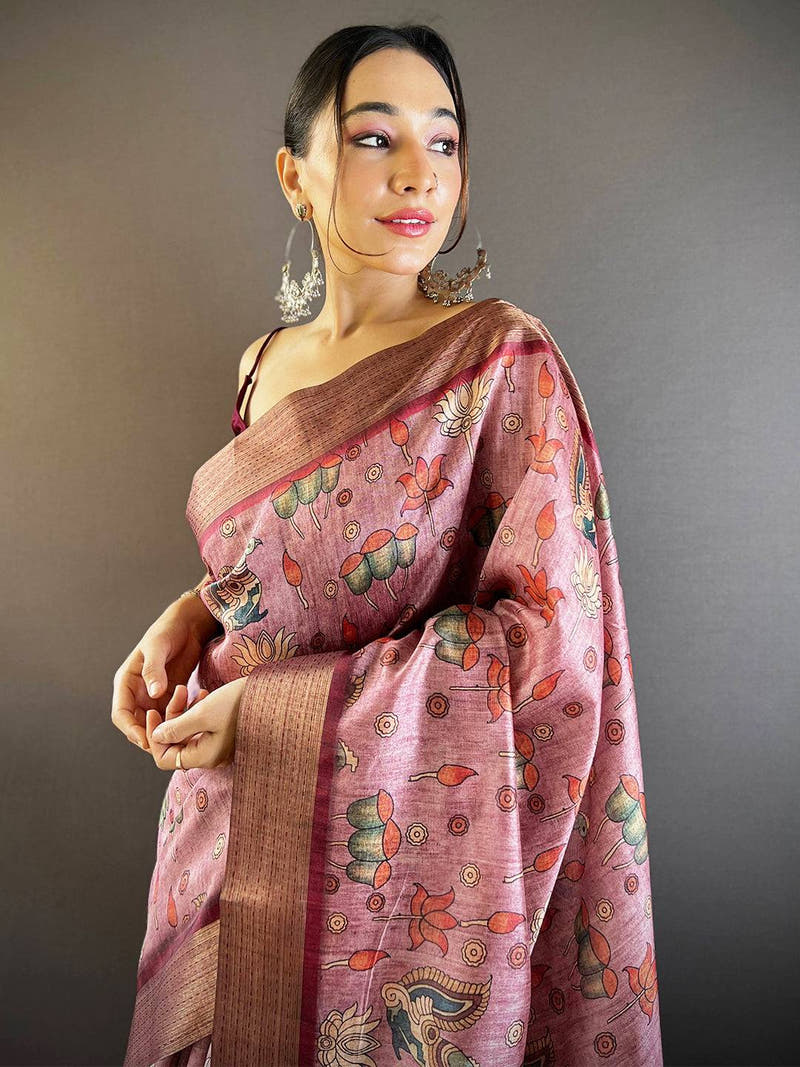 Brown Kalamkari Tussar Silk Saree