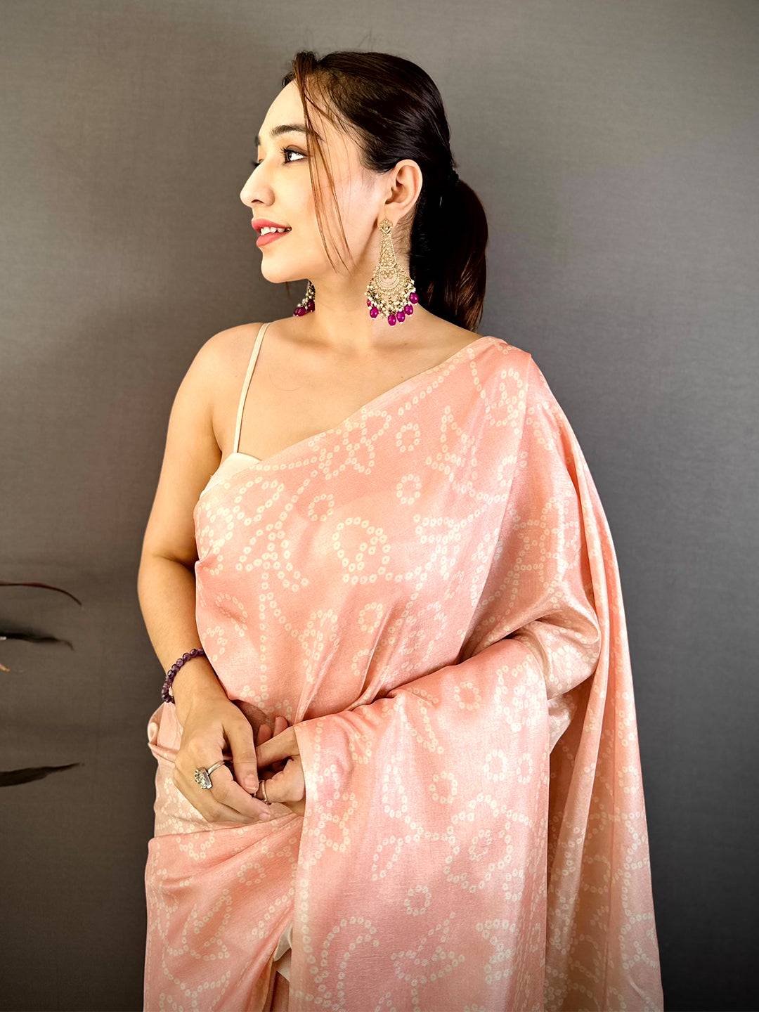 Peach Kalamkari Bandhej Chiffon Saree