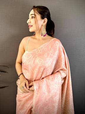 Peach Kalamkari Bandhej Chiffon Saree