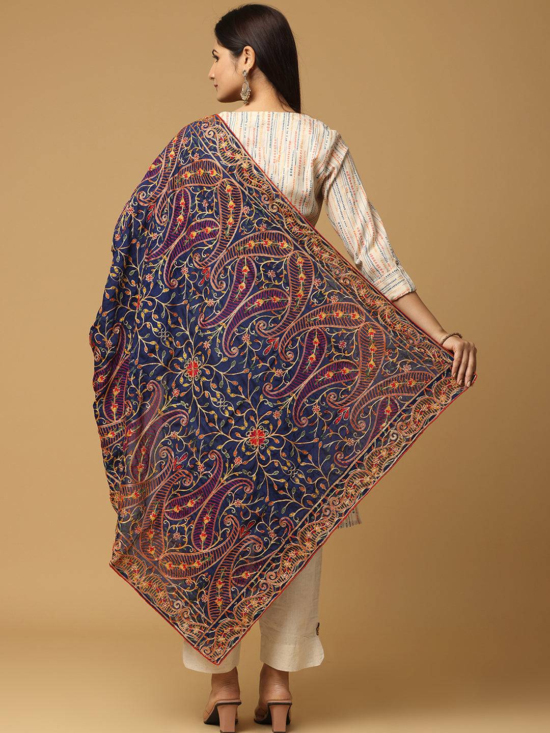 Navy poly chiffon dupatta with pashmina threadwork, back view