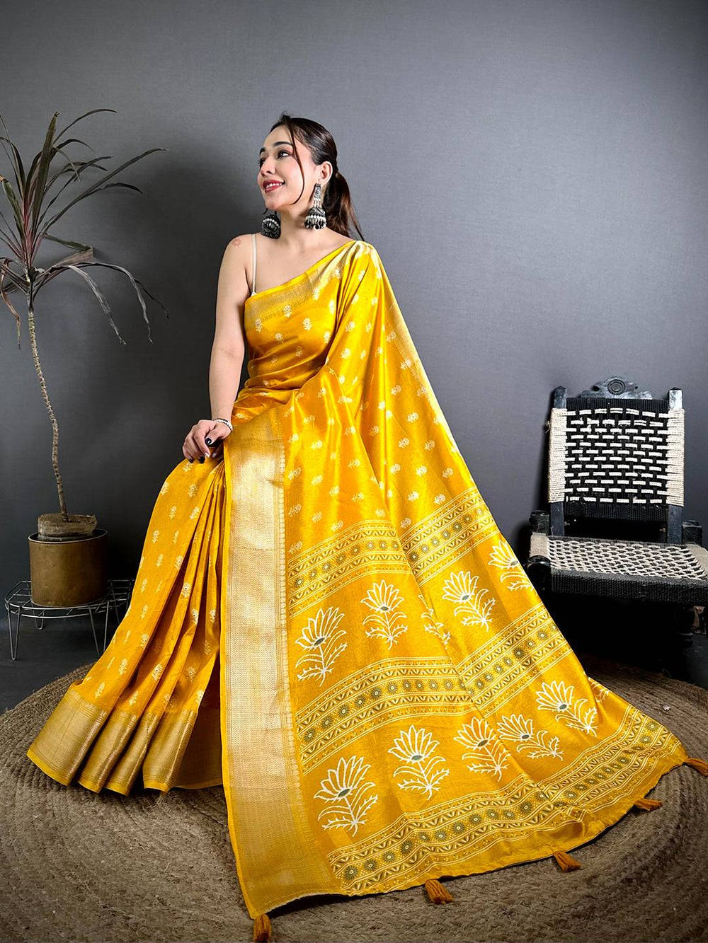 Mustard Dola Block Print Zari Border Saree