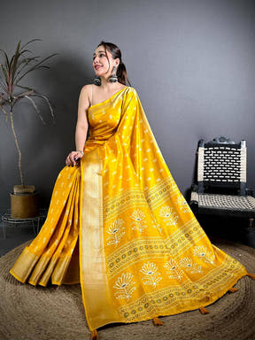 Mustard Dola Block Print Zari Border Saree