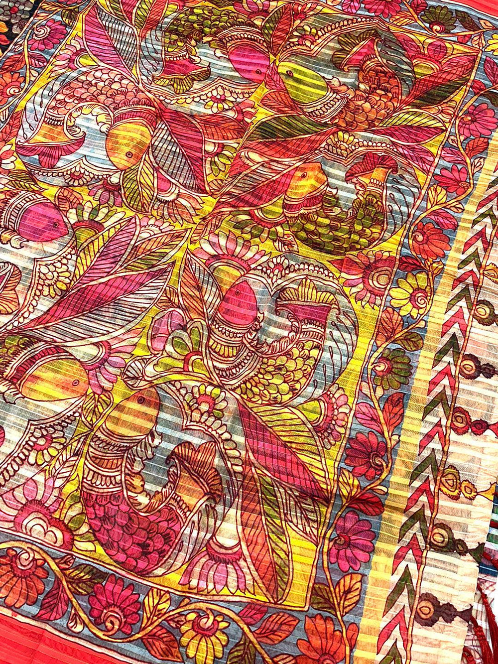 Intricate design on Raven Black Pen Kalamkari Linen Saree