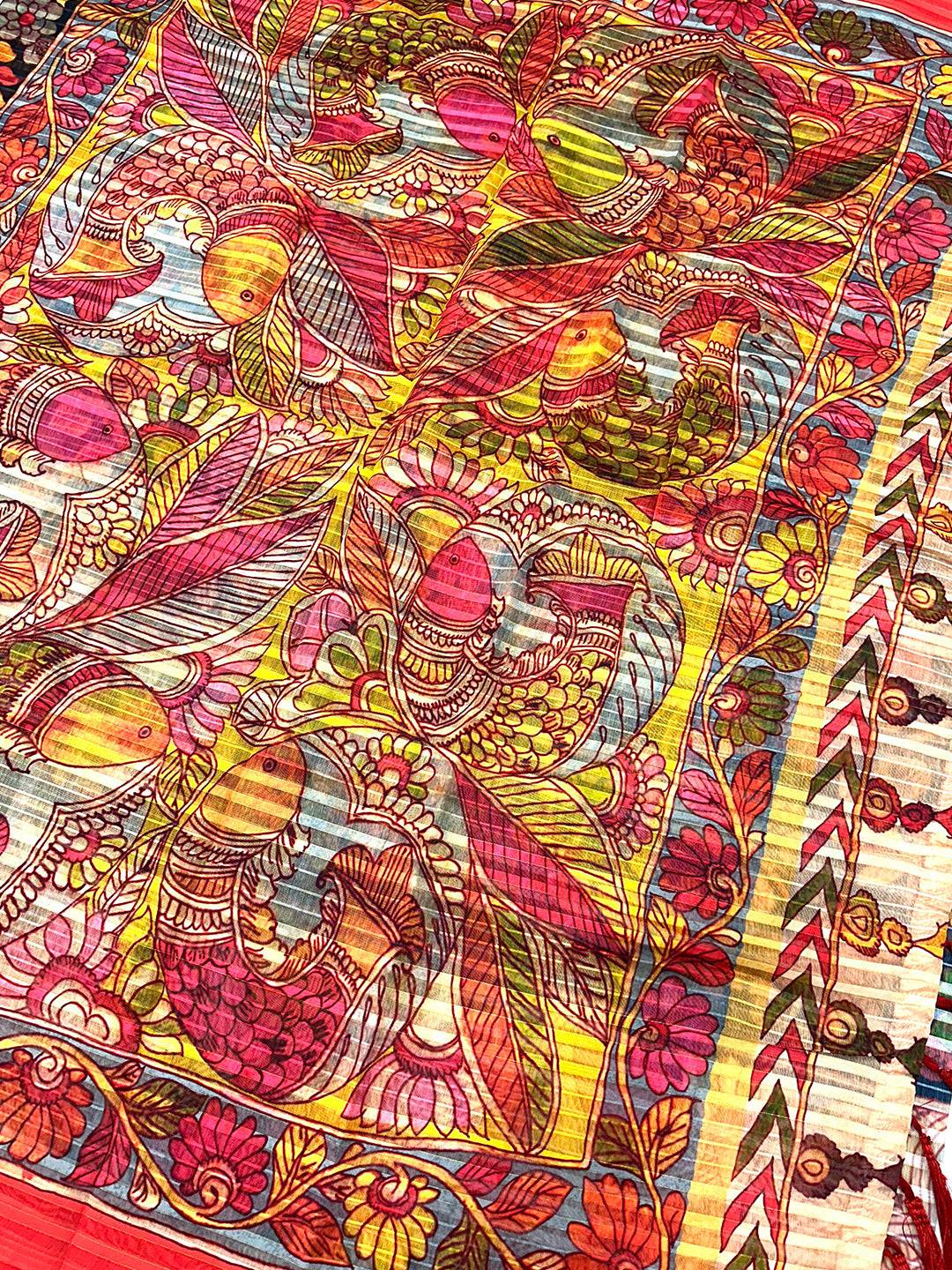 Intricate design on Raven Black Pen Kalamkari Linen Saree