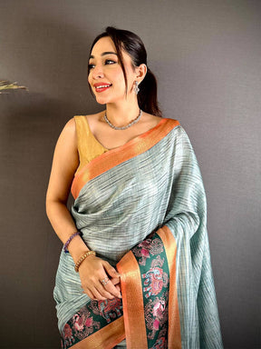 Sage Green Tanjore Print Silk Saree