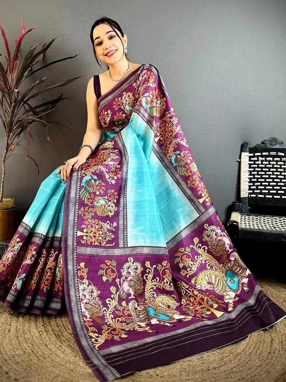 Turquoise Blue Pen Kalamkari Saree