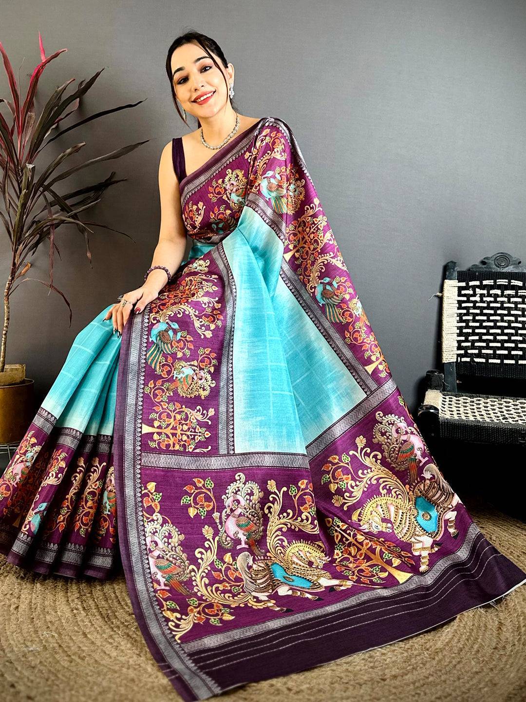 Turquoise Blue Pen Kalamkari Saree