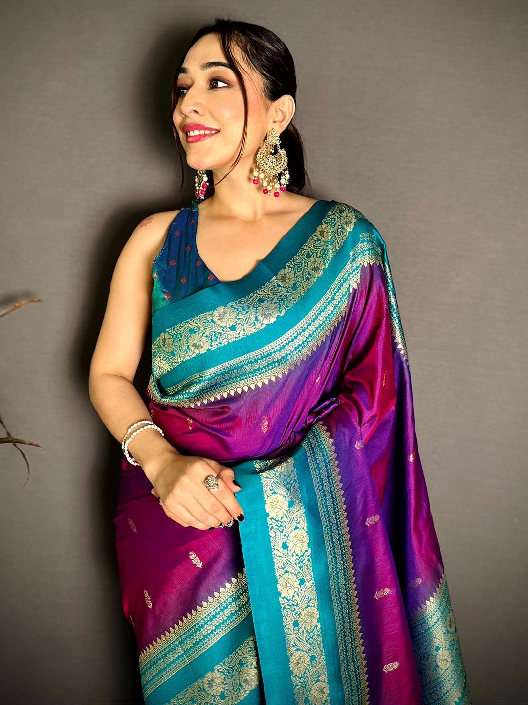 Gold Zari Woven Magenta Soft Silk Saree