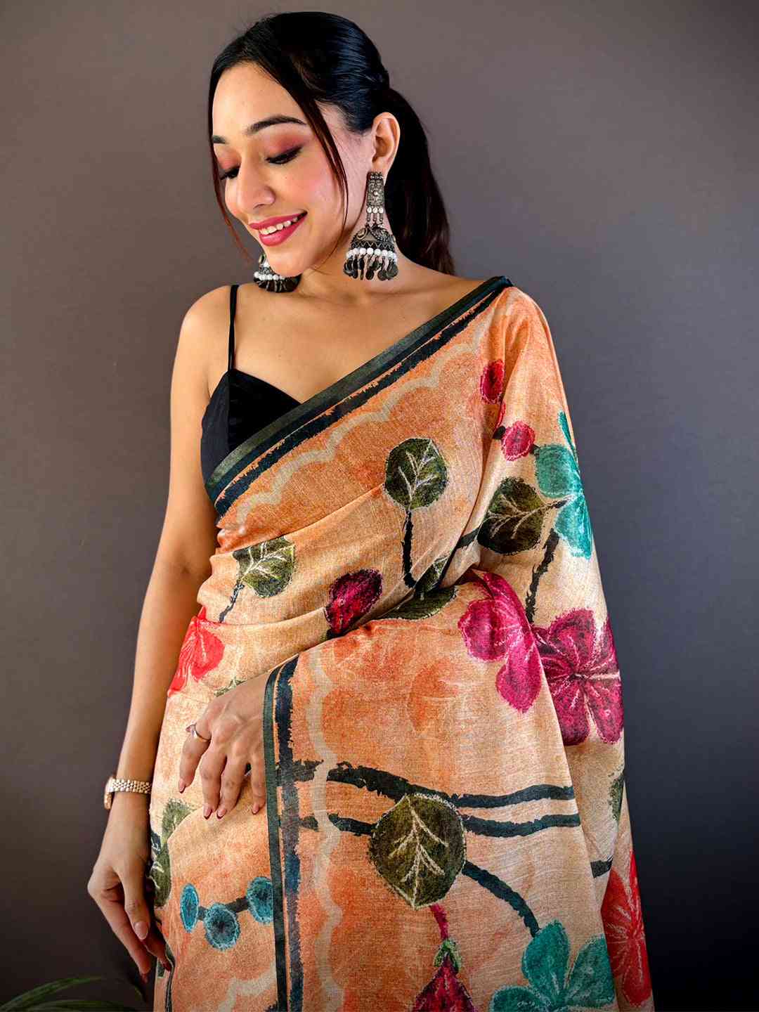 Light Peach Folklore Tissue Chanderi Saree