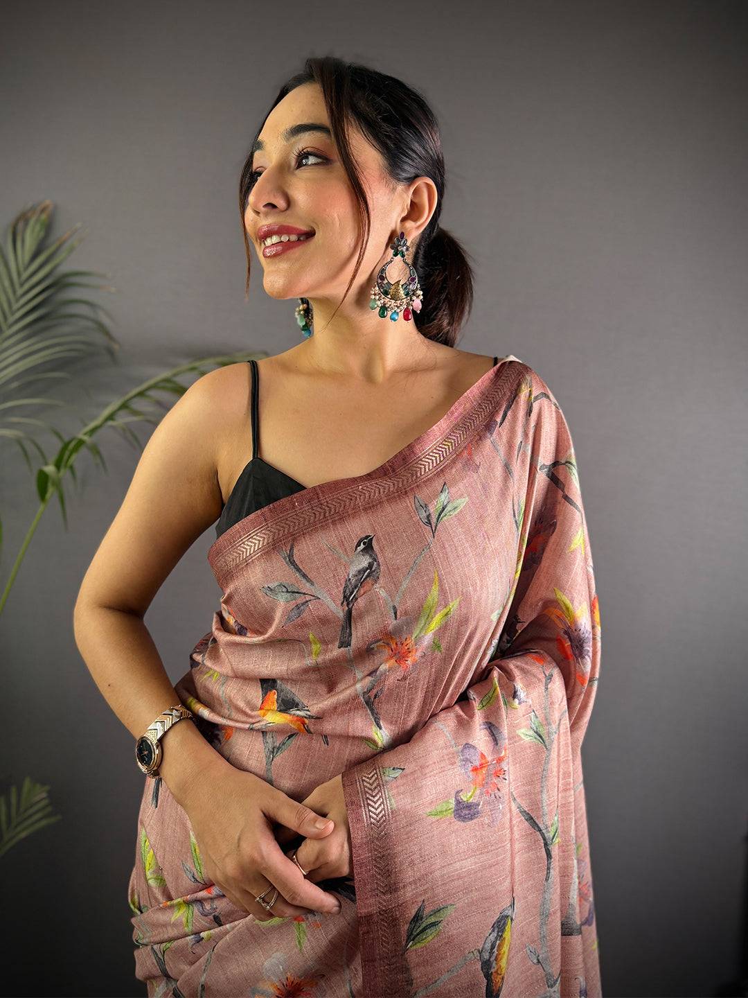 Artistic Floral Bird Print Tussar Silk Saree