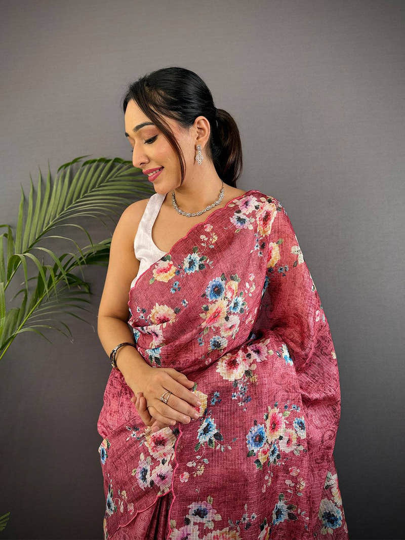 Rose Pink Kota Doriya Floral Cut Work Saree