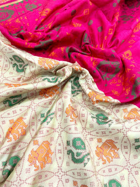 Elegant White Pochampally Patola Silk Saree