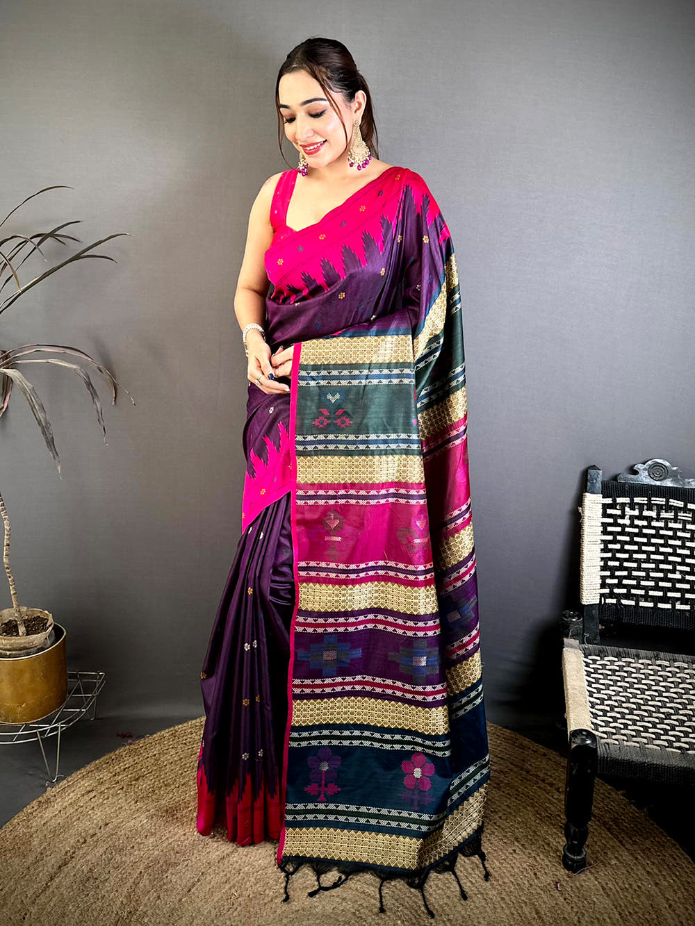 Pink Cotton Katan Bomkai Rich Pallu Saree