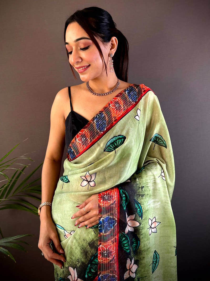 Green Georgette Pichwai Print Saree