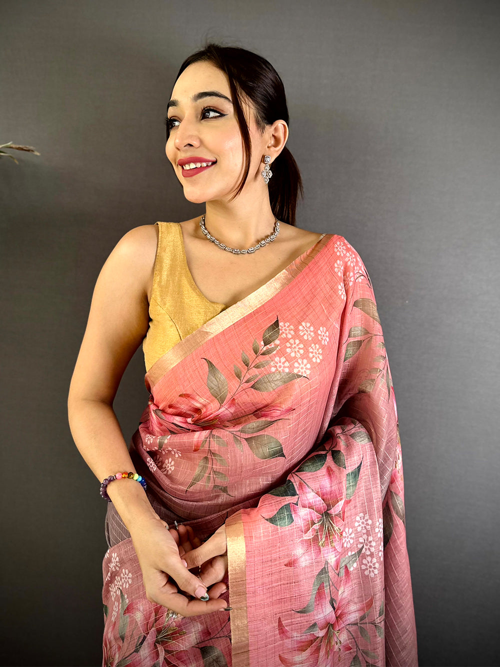 Heritage Soft Linen Gold Zari Floral Saree