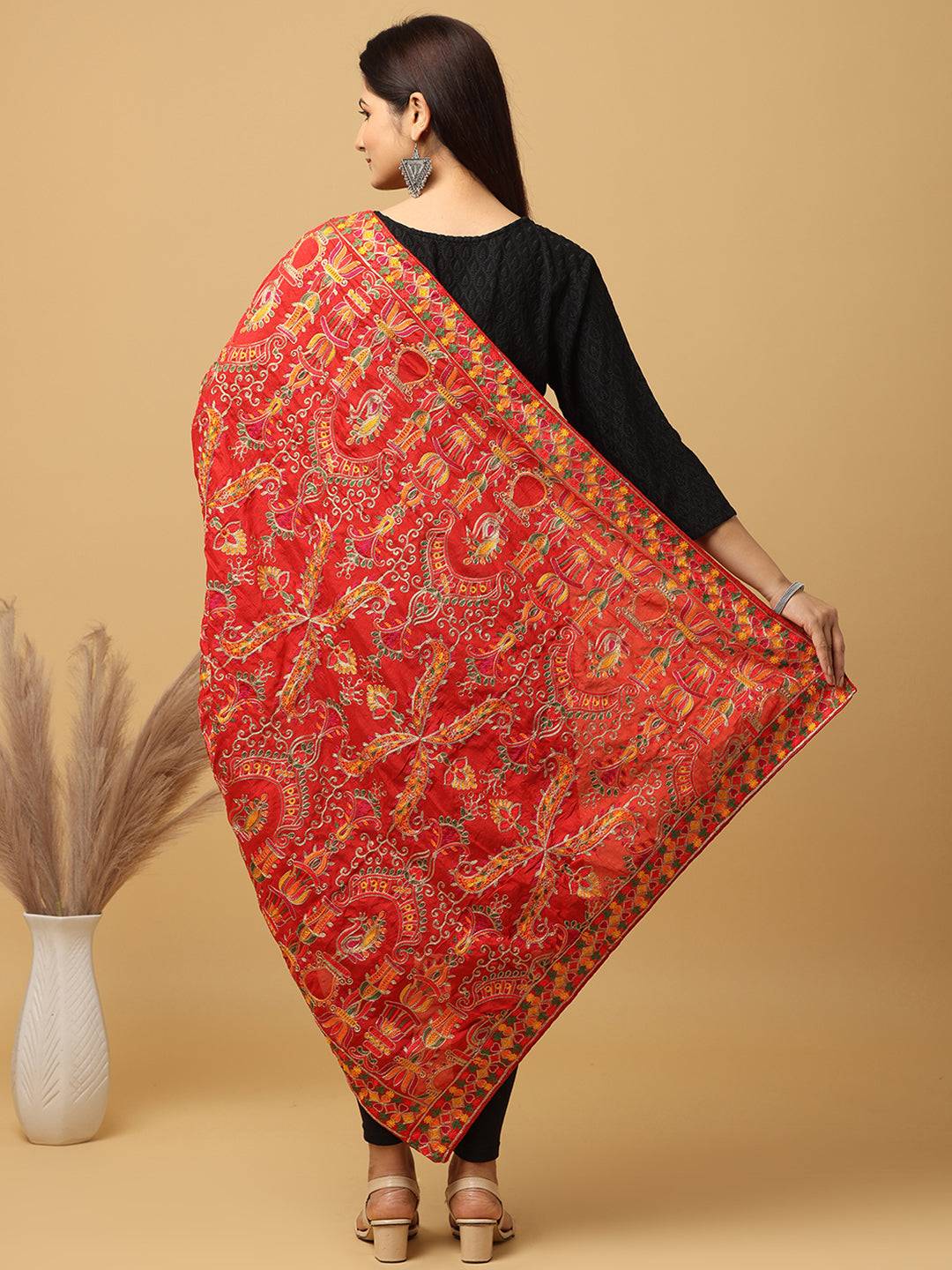 Latest Red Poly Chiffon Pashmina Threadwork Dupatta