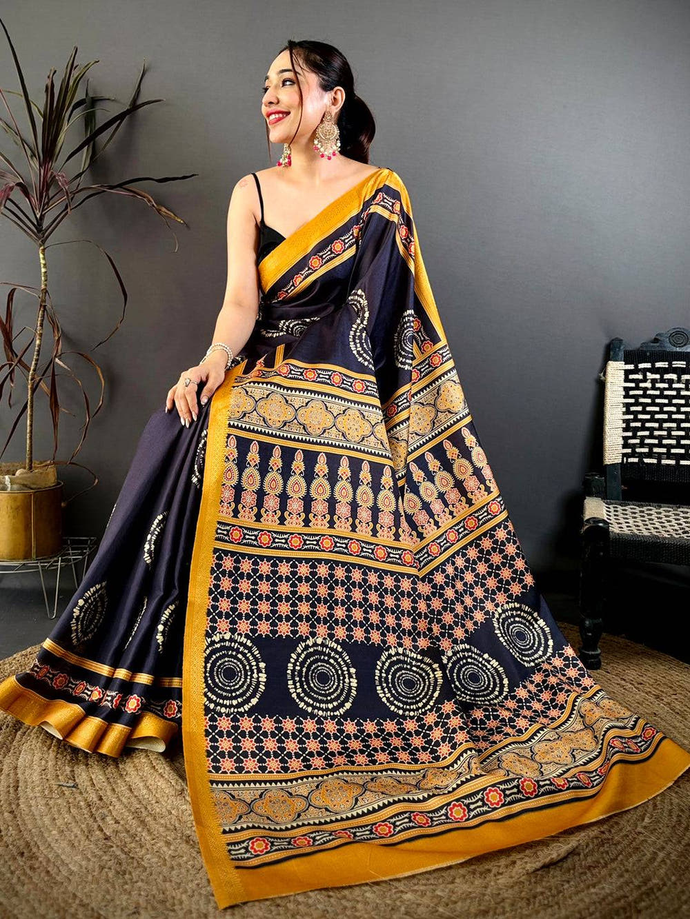 Classic Block Ajrakh Print Soft Tussar Saree

