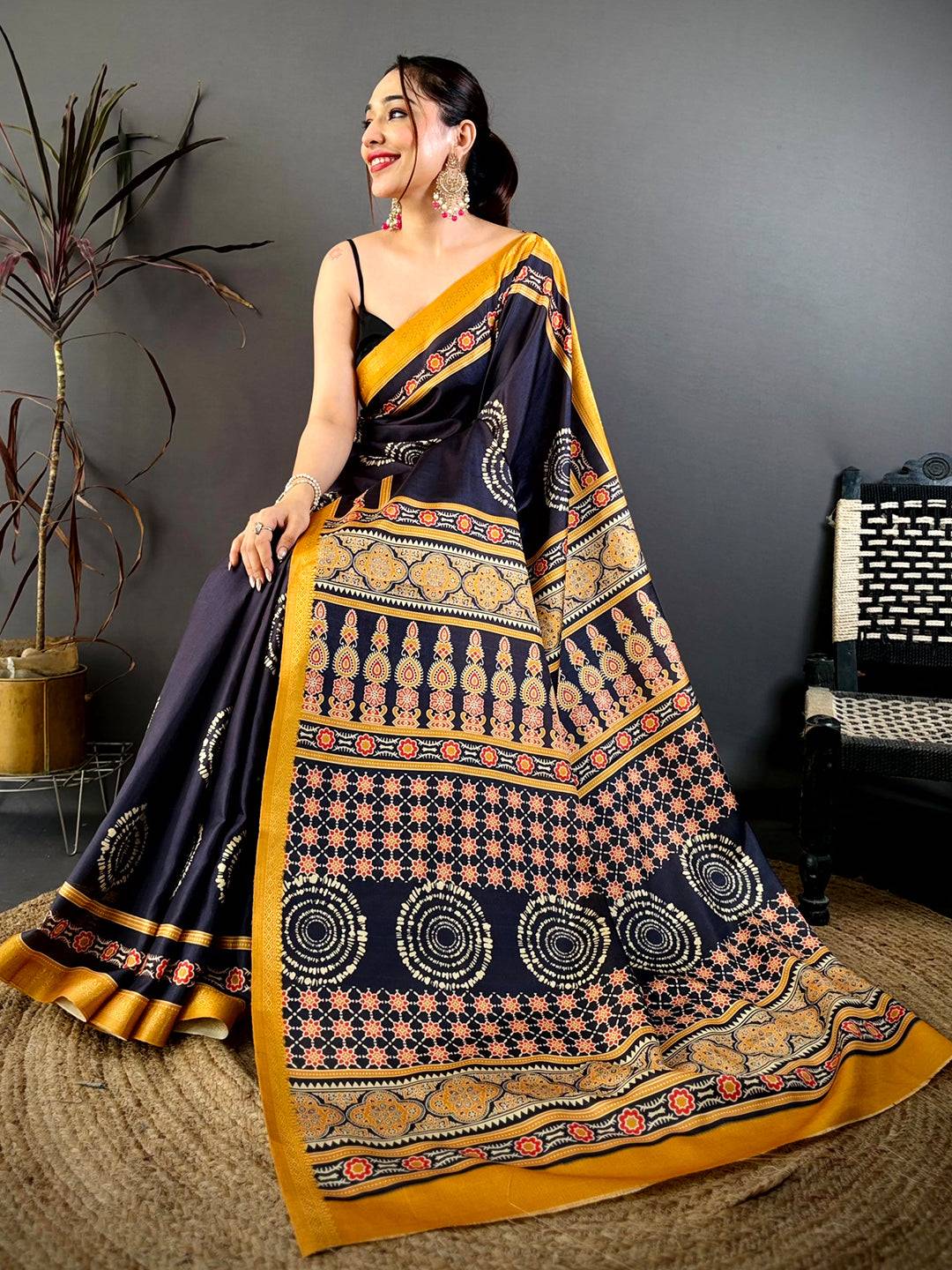 Classic Block Ajrakh Print Soft Tussar Saree

