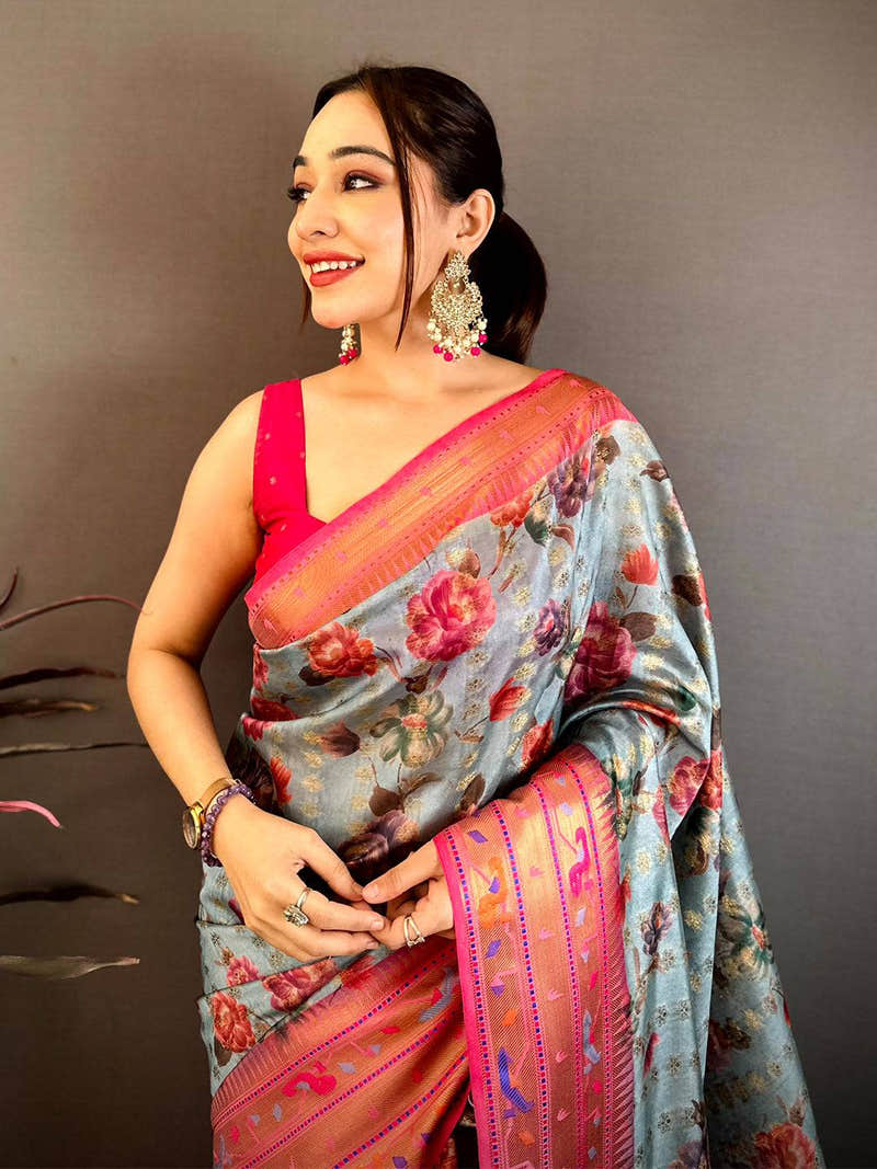 Sky Blue Paithani Border Kora Tissue Saree