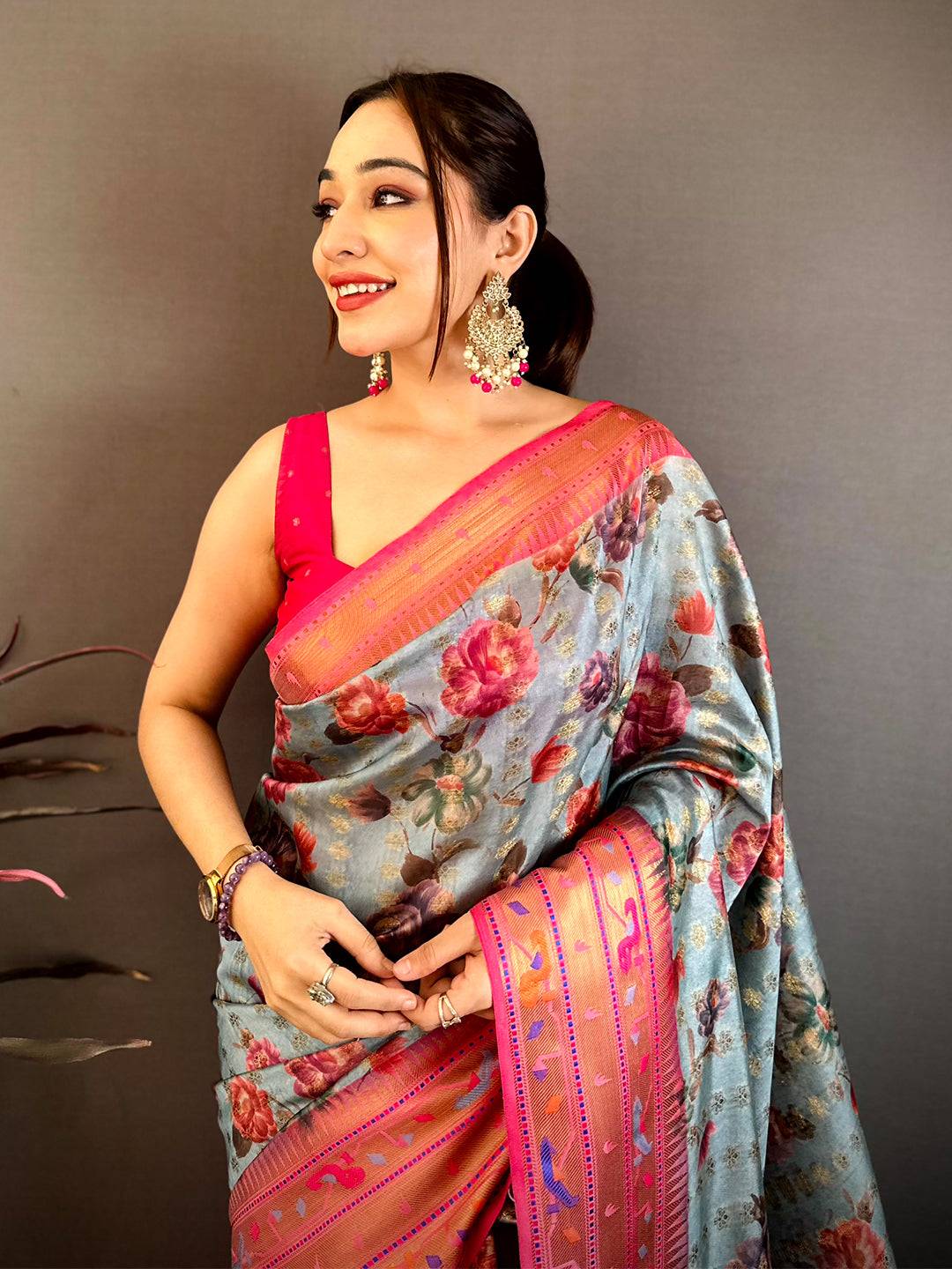 Sky Blue Paithani Border Kora Tissue Saree
