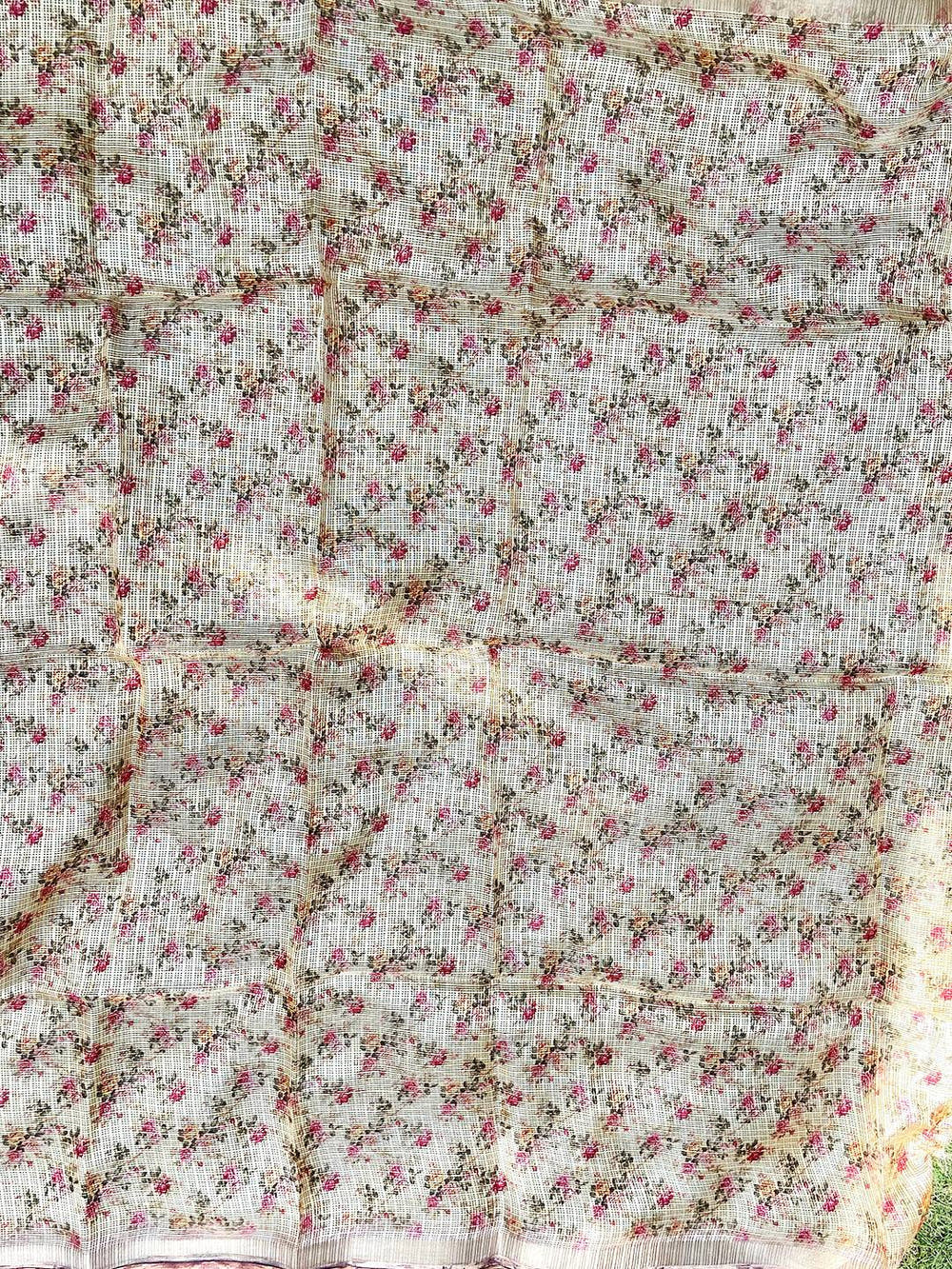 Cream Kota Doriya Silk Saree With Flower & abstect Prints