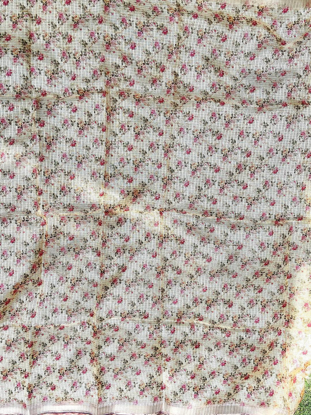 Cream Kota Doriya Silk Saree With Flower & abstect Prints