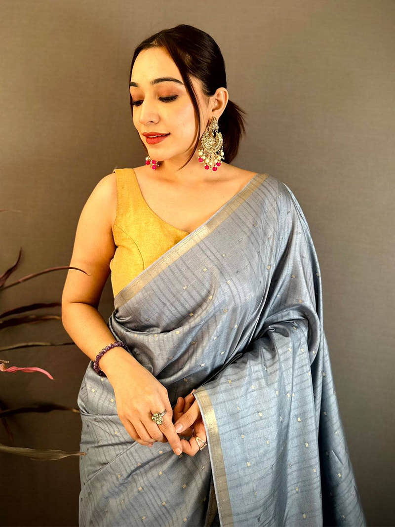 Stylish Slub Tussar Zari Butti Weave Saree