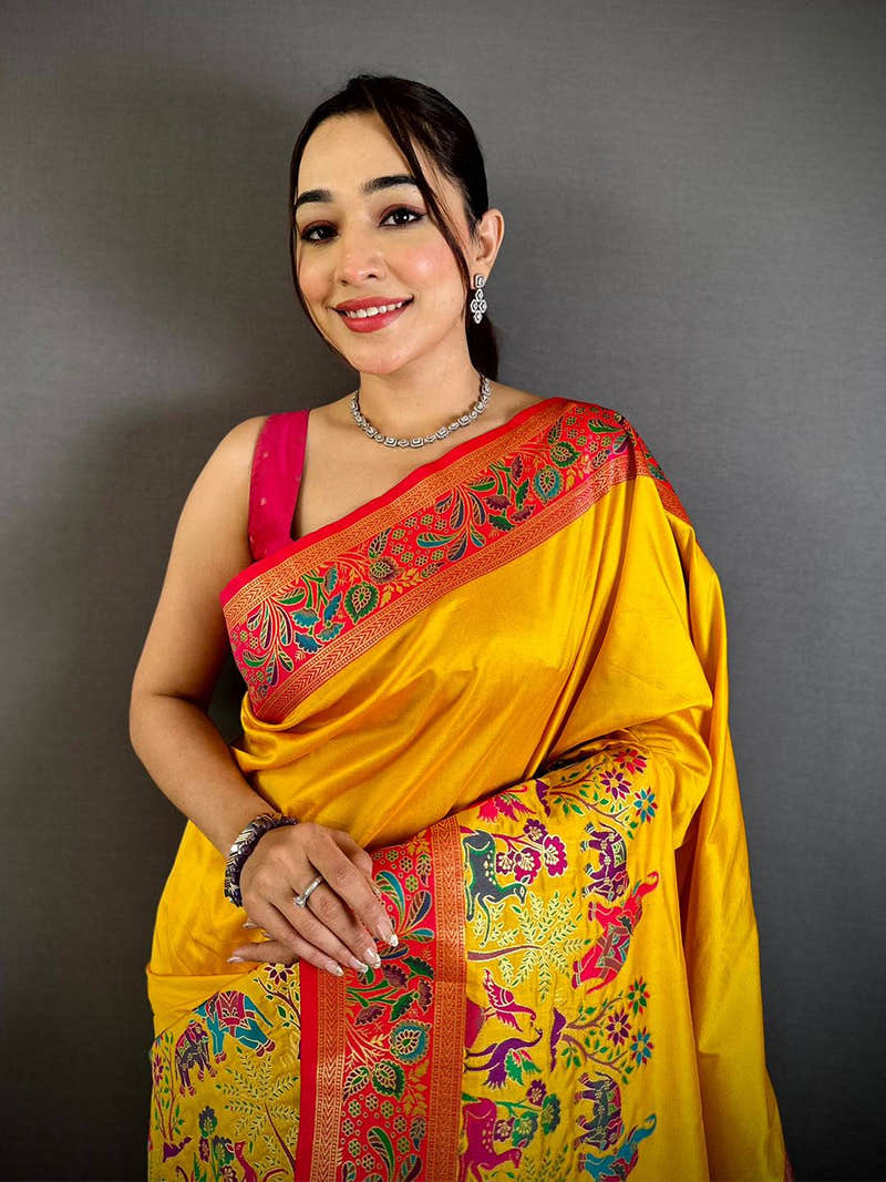 Yellow Soft Semi Silk Minakari Weave Saree