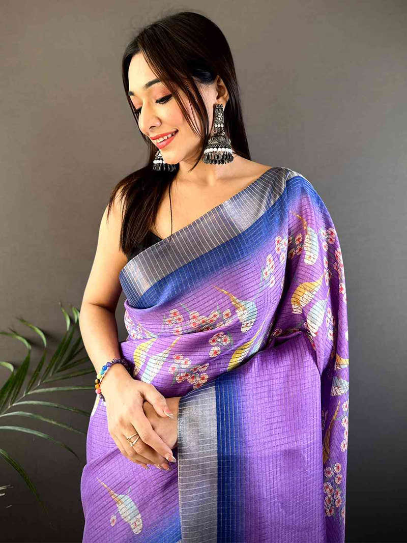Lavender Chanderi Check Sparrow Print Saree