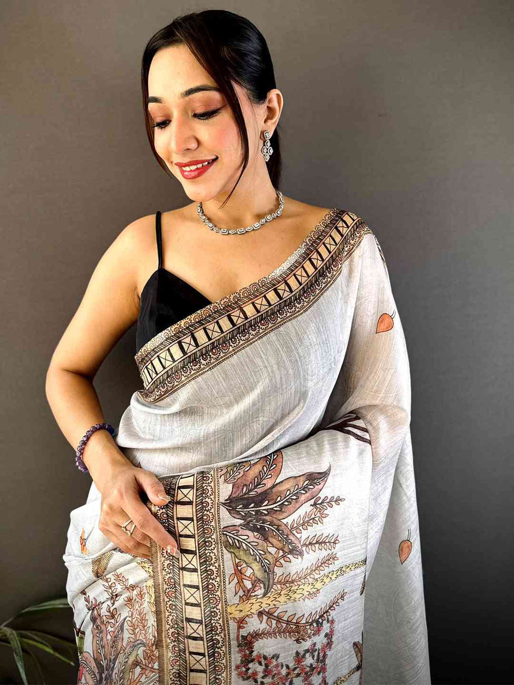 Grey Tussar Floral Leaf Print Saree