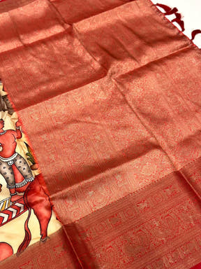 Ethereal Beige Banarasi Silk Kalamkari Saree


