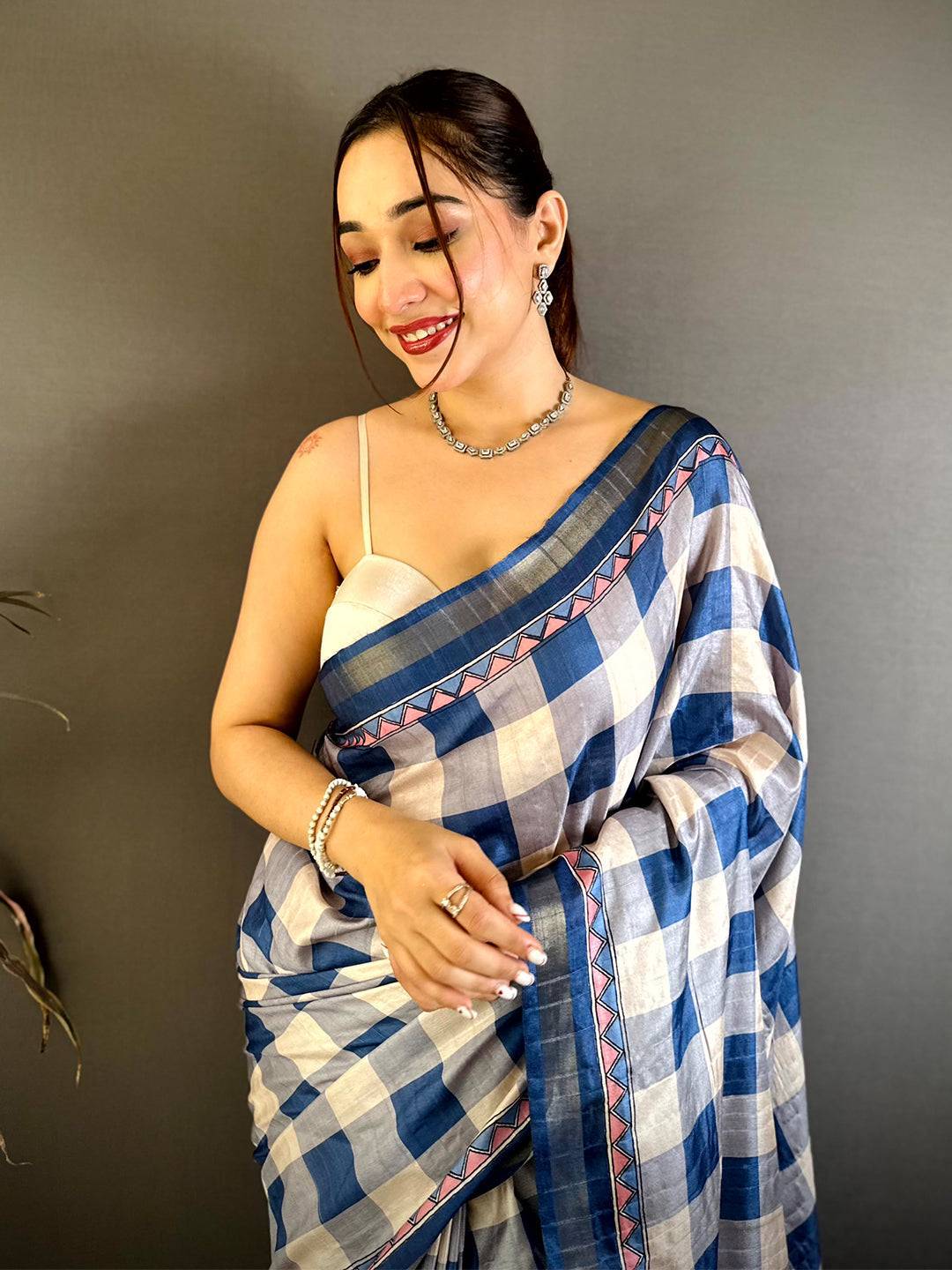 Tussar Check Ghicha Kalamkari Pallu Saree