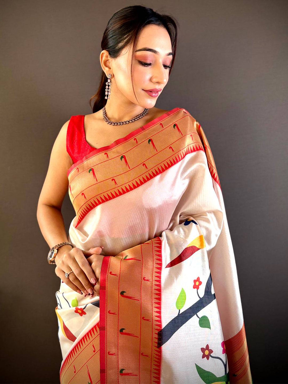 Daisy White Minakari Soft Silk Saree