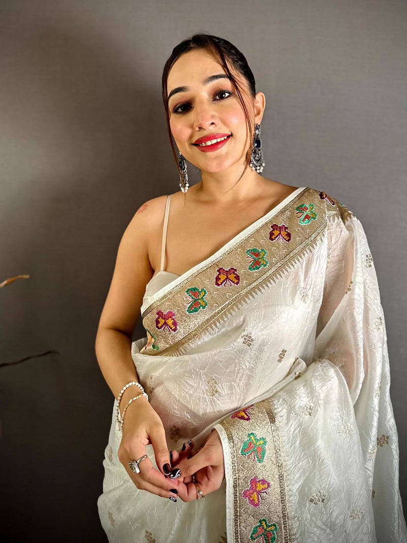 White Crush Silk Zari Embroidered Saree