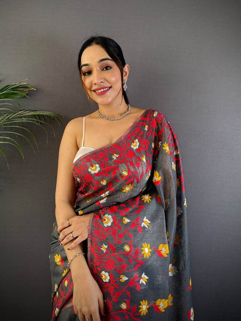 Royal Grey Dhakai Cotton Silk Saree