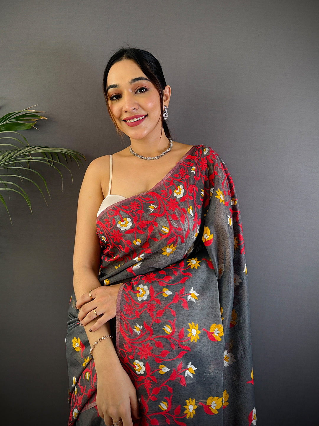 Royal Grey Dhakai Cotton Silk Saree