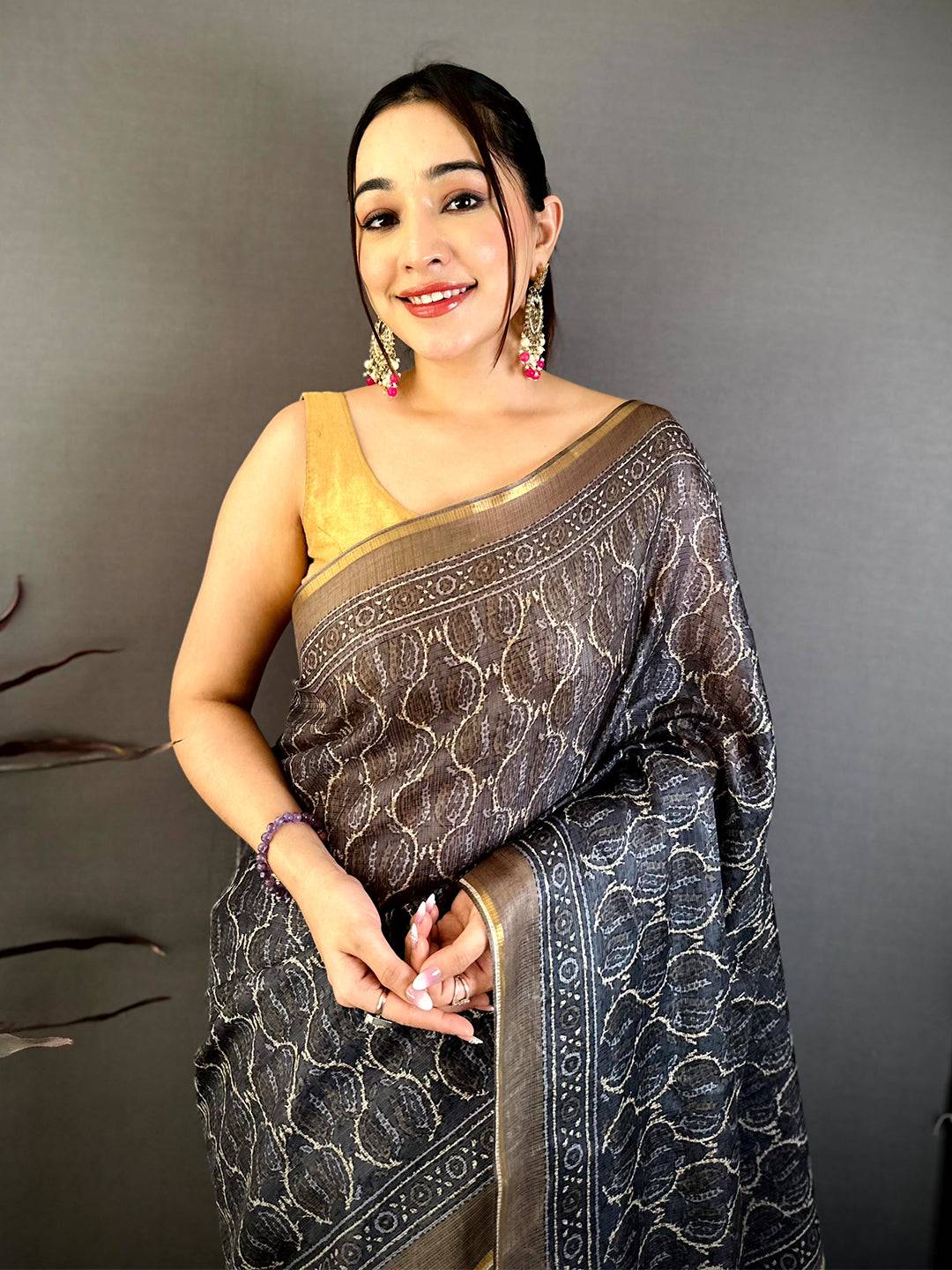 Grey Ajrakh Digital Print Kota Saree